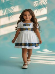 Kids Girl White and Blue Cotton Frock