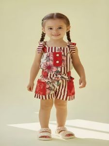 Kids Girls Red Flower Printed Cotton Jumpsuit