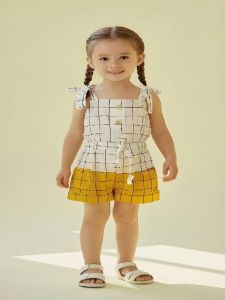 Kids Girls White and Yellow Checked Cotton Jumpsuit