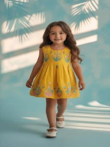 Kids Girls Yellow Embroidered Cotton Frock