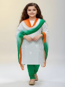 National Flag Printed Girls Cotton Kurti Leggings Dupatta Set
