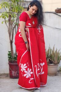 Red Hand Painted Georgette Saree