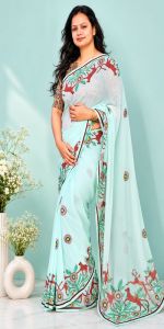 Sky Blue Hand Painted Georgette Saree