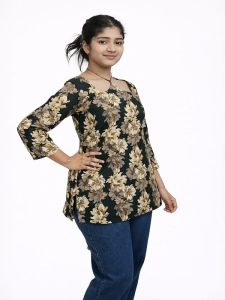 Ladies Black and Yellow Flower Printed Cotton Short Kurti