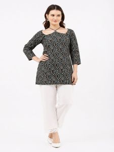 Ladies Black Printed Cotton Short Kurti