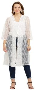 Ladies Cotton White Long Embroidered Shrug