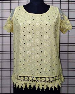 Ladies Light Yellow Round Neck Cotton Embroidered Top