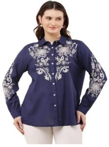 Ladies Navy Blue Rayon Printed Full Sleeve Shirt