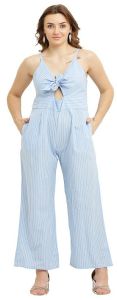 Ladies Sky Blue Cotton Yarn Dyed Striped Jumpsuit