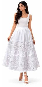 Ladies White Cotton Cambric Embroidered Long Skirt