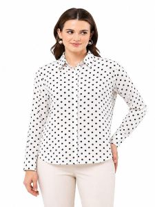 Ladies White Polka DOT Printed American Crepe Full Sleeve Shirt