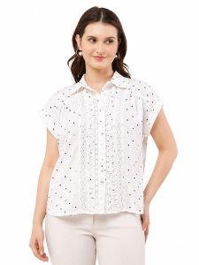Ladies White Polka DOT Printed Rayon Slub Shirt
