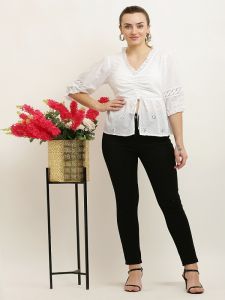 Ladies White V Neck Poly Cotton Embroidered Top