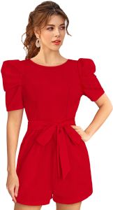 ladies red belted puff sleeve playsuit