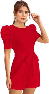 ladies red belted puff sleeve playsuit