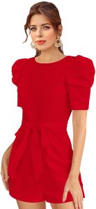 ladies red belted puff sleeve playsuit