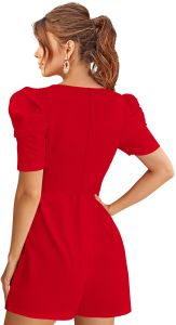 ladies red belted puff sleeve playsuit