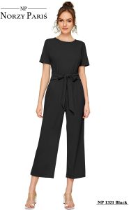 Ladies Black Belted Wide Leg Jumpsuit