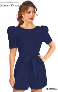 Ladies Blue Belted Puff Sleeve Playsuit