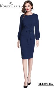 Ladies Blue Full Sleeve Belted Midi Dress