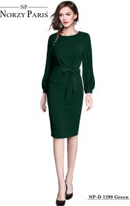 Ladies Green Full Sleeve Belted Midi Dress