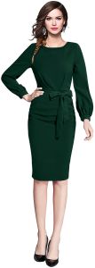 Ladies Green Full Sleeve Belted Midi Dress