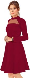 Ladies Maroon Full Sleeve Fit And Flare Dress