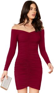Ladies Maroon Off Shoulder Bodycon Dress