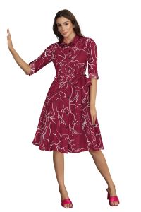 Ladies Maroon Printed Shirt Collar Midi Dress