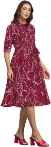 Ladies Maroon Printed Shirt Collar Midi Dress