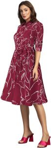 Ladies Maroon Printed Shirt Collar Midi Dress