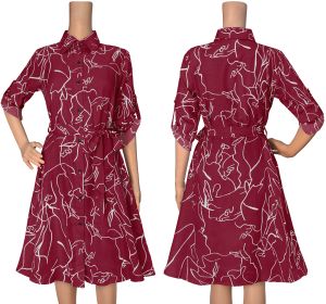 Ladies Maroon Printed Shirt Collar Midi Dress