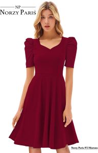 Ladies Maroon Puff Sleeve Fit And Flare Dress