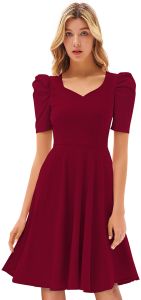 Ladies Maroon Puff Sleeve Fit And Flare Dress