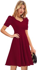 Ladies Maroon Puff Sleeve Fit And Flare Dress