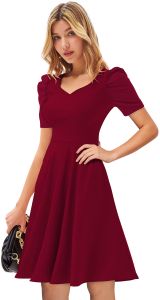Ladies Maroon Puff Sleeve Fit And Flare Dress