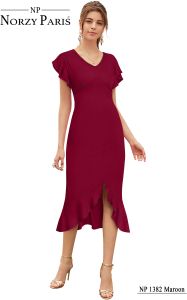Ladies Maroon Ruffle Hem Midi Dress