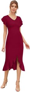 Ladies Maroon Ruffle Hem Midi Dress