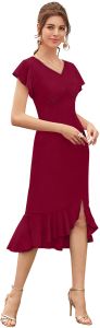 Ladies Maroon Ruffle Hem Midi Dress