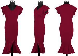 Ladies Maroon Ruffle Hem Midi Dress