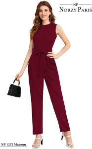 Ladies Maroon Sleeveless Belted Casual Jumpsuit