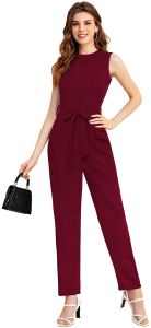 Ladies Maroon Sleeveless Belted Casual Jumpsuit