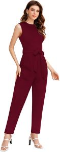 Ladies Maroon Sleeveless Belted Casual Jumpsuit