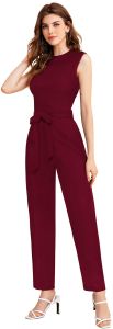 Ladies Maroon Sleeveless Belted Casual Jumpsuit