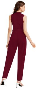 Ladies Maroon Sleeveless Belted Casual Jumpsuit