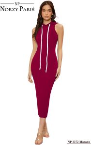 Ladies Maroon Sleeveless Hooded Bodycon Dress