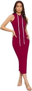 Ladies Maroon Sleeveless Hooded Bodycon Dress