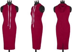 Ladies Maroon Sleeveless Hooded Bodycon Dress