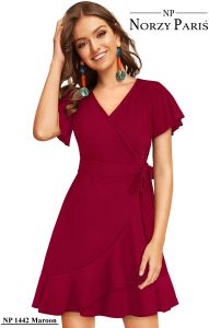 Ladies Maroon Wrap Flare Dress
