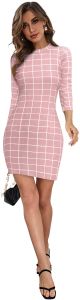Ladies Peach Checked Bodycon Casual Dress